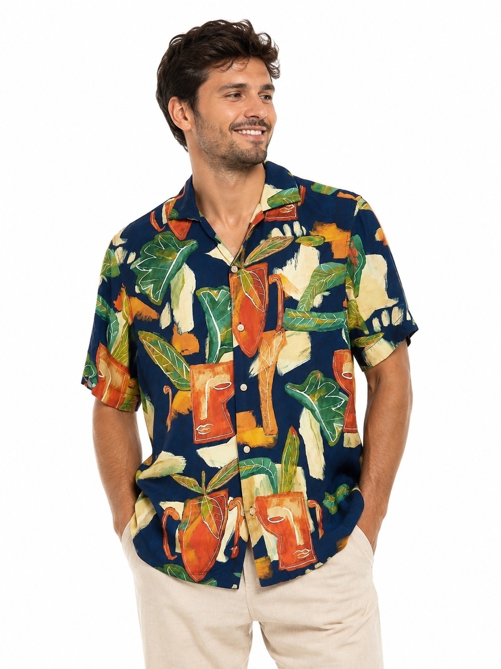 Navy Tropical Print Short-Sleeve Camp Shirt
